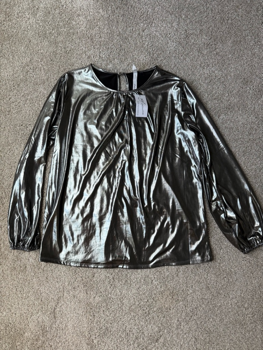 NY Collection Metallic Silver Long Sleeve Blouse